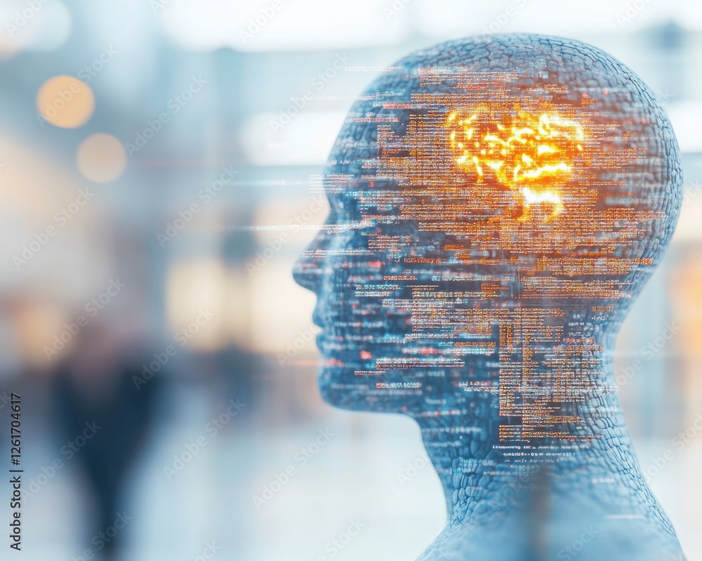 Poster Futuristic AI Brain Interface Digital Code Overlays on Textured Sculptural Head - Enhancing Professional Development and Innovation in Tech Industries