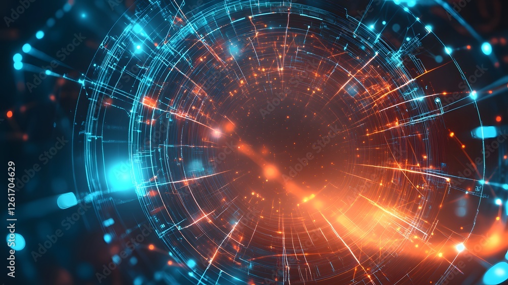 Poster circular futuristic abstract tunnel with glowing lines and particles