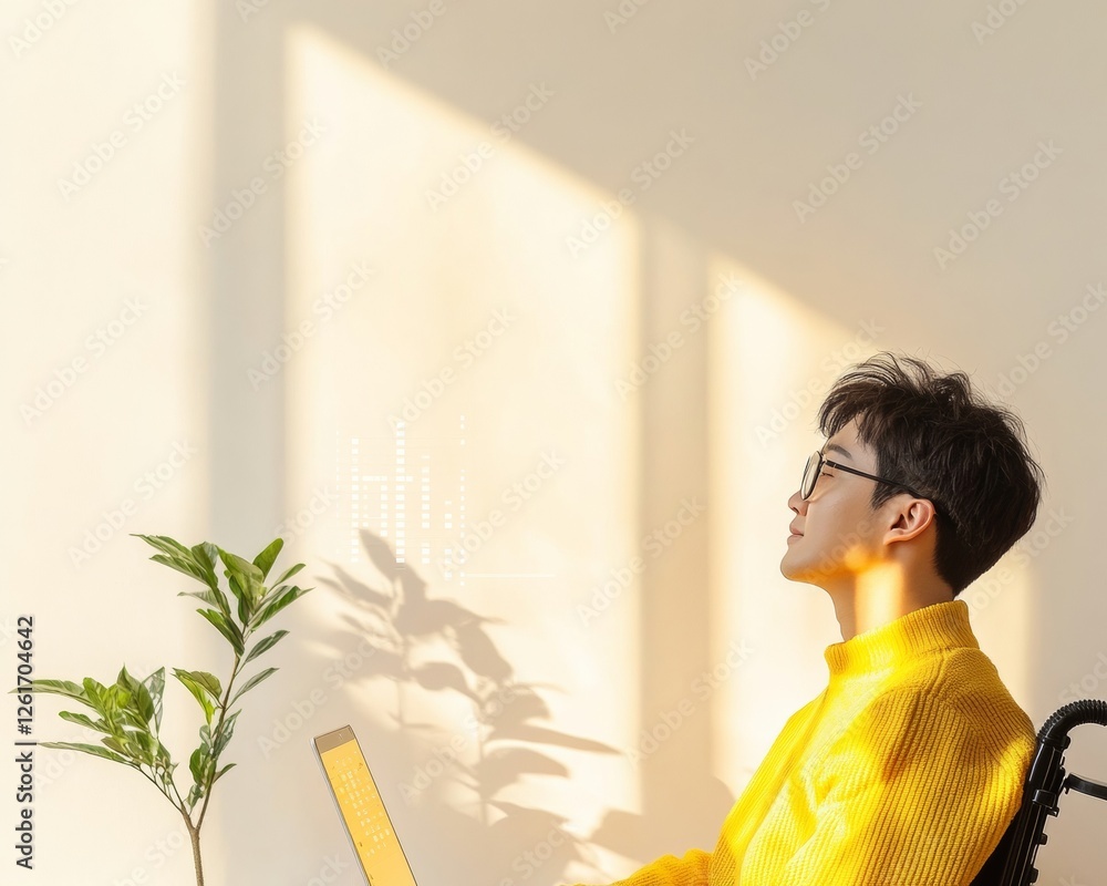 Aufkleber minimalist digital innovation a korean tech enthusiast in wheelchair analyzing data on adaptive lapt
