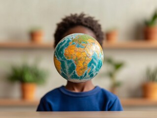 Modern Classroom Aesthetics Diverse Students Exploring World Globe - Interactive Educational Tools on Wooden Study Table for Enhanced Global Awareness in Learning Spaces