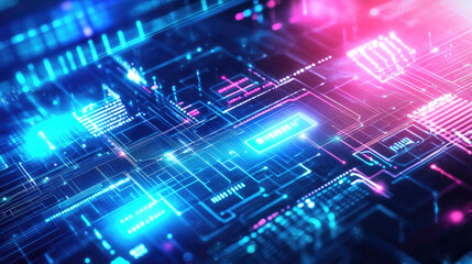 Fototapeta premium A futuristic abstract background with a blend of blue, mint, and pink, enhanced by digital glitch and distortion effects. The design embraces retro futurism, webpunk, rave 80s and 90s aesthetics