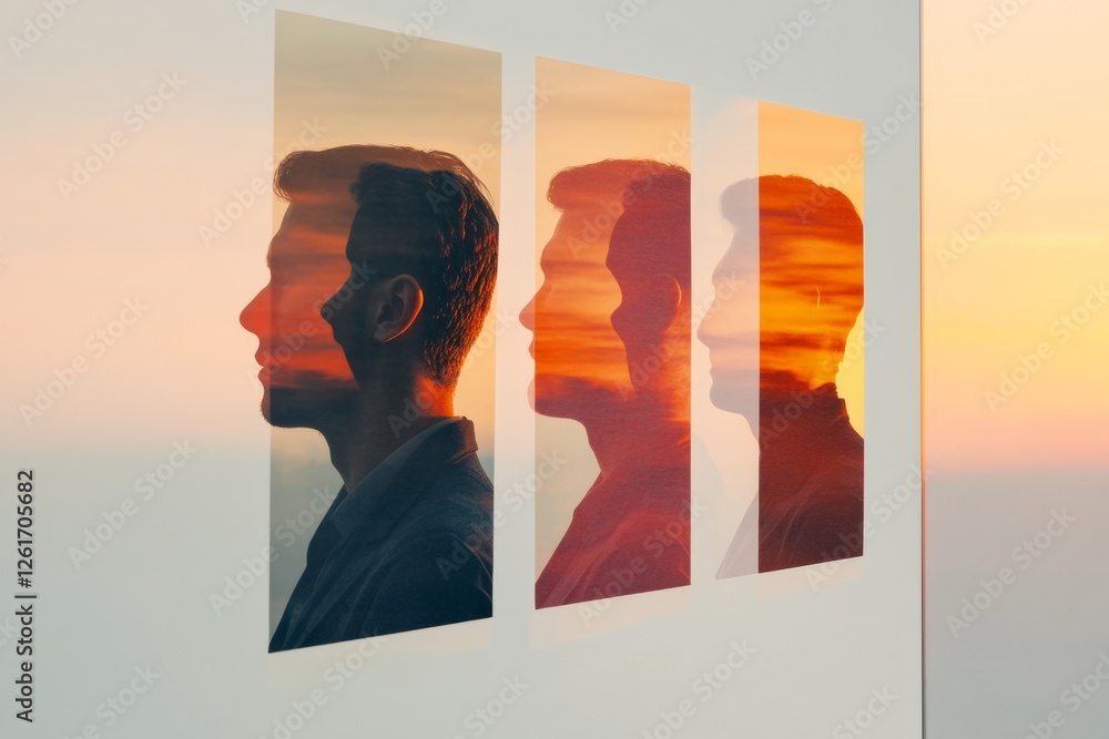 Poster contemporary multi-exposure wall art in modern office vibrant sunset reflection for creative busines