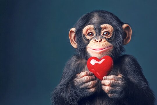 Ad campaign idea. Digital ads concept art. Chimpanzee - my preferred animal. Cute chimpanzee baby with diamond red heart - emblem of love, funny greeting card. Cute animal love. Love concept.
