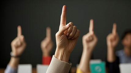 Raising hands in classroom or meeting setting, indicating participation and engagement. atmosphere is focused and collaborative, showcasing diverse group of individuals