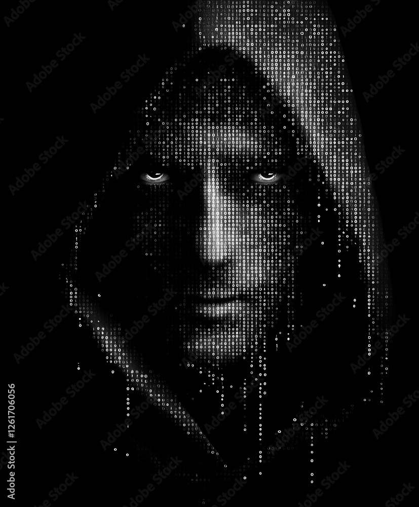 Poster digital art of mysterious figure in hood, surrounded by binary code, evoking sense of intrigue and s