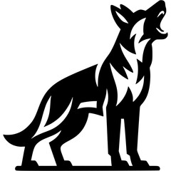 Fototapeta premium Tattoo of angry roaring German shepherd dog in monochrome. German shepherd dog full size in defense of territory. Engraving minimalistic vector in black ink drawing on transparent background