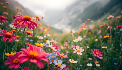 Obraz premium Vibrant Wildflower Meadow in Majestic Mountain Landscape