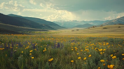 Fototapeta premium Scenic View of Vibrant Wildflower Field Beneath Dramatic Sky in Majestic Mountain Landscape