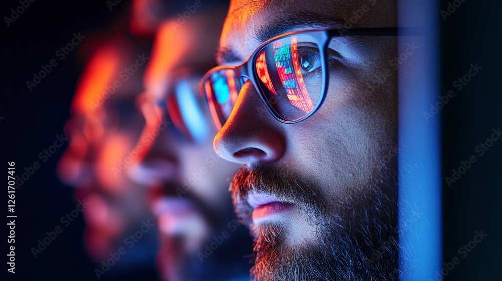 Fototapete Futuristic Tech Aesthetics Cybersecurity Specialists Analysis in Dim Office - Network Security Optimization and IT Protection Solutions for Modern Business Efficiency