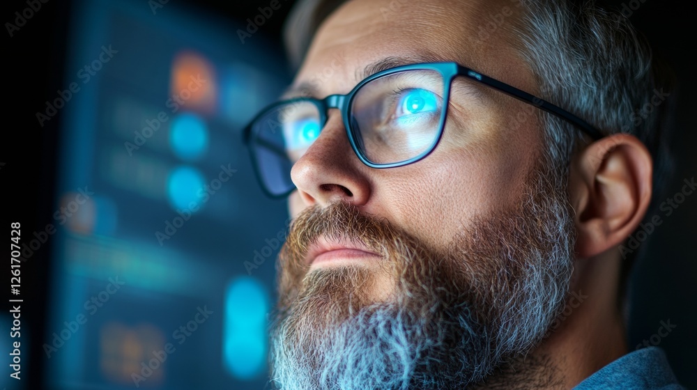 Poster Futuristic Cybersecurity Workspace Bearded Specialist Analyzing Threat Detection on Blue-Tinted Monitors Enhancing IT Security and Network Defense Strategy