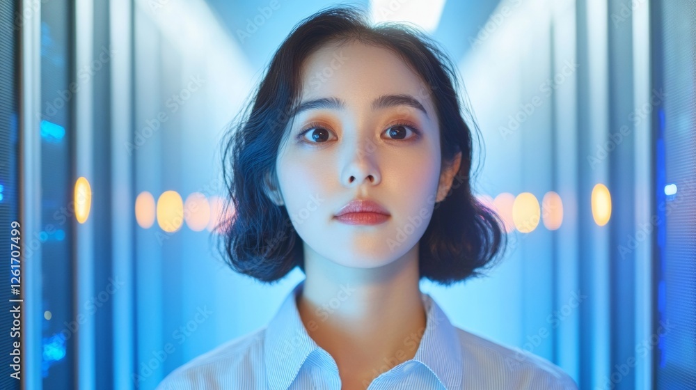 Poster digital security aesthetics korean it professional in blue-lit server room, encrypted data on tablet