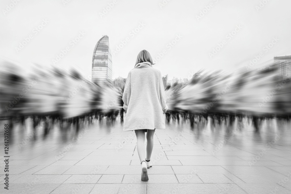 Poster dynamic urban focus person in motion blur with modern architecture - personal development imagery fo