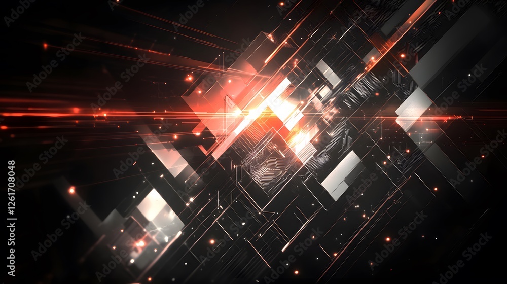 Poster abstract geometric design with glowing red lines and particles
