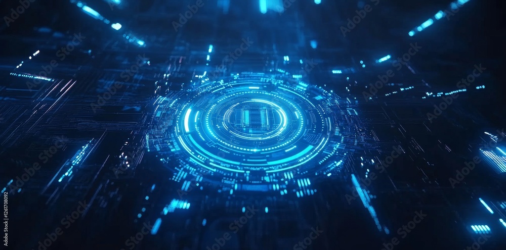 Sticker Abstract futuristic blue background with digital technology and circuit board elements, data transfer concept