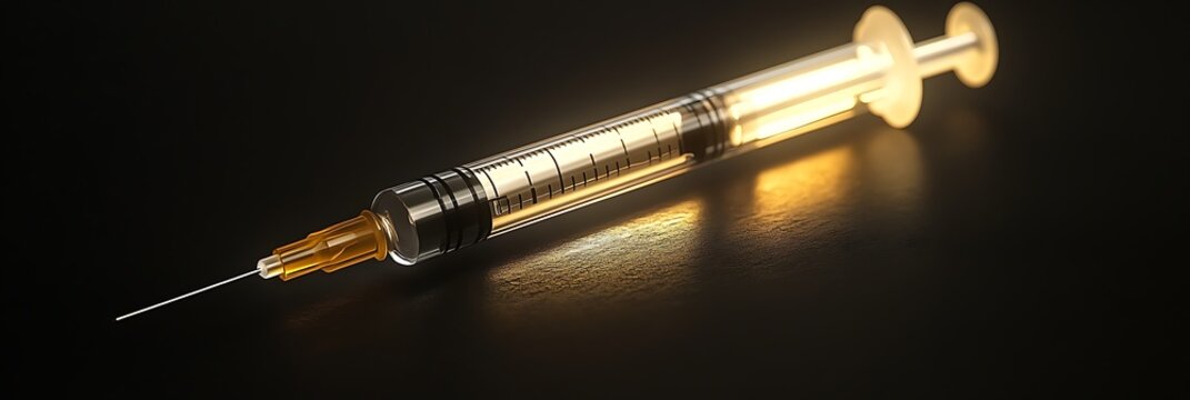 A syringe sharply focused on a dark background, casting intense shadows that convey seriousness and professionalism, with room for branding