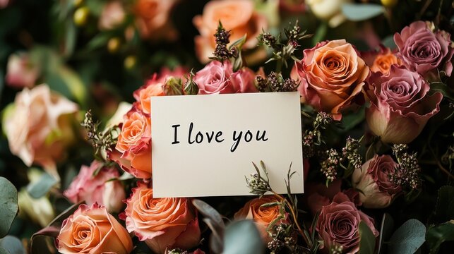Express your love beautiful roses with message romantic gesture floral arrangement indoor close-up heartfelt sentiment