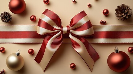 Festive arrangement featuring a large red and cream bow, surrounded by ornaments and pine cones