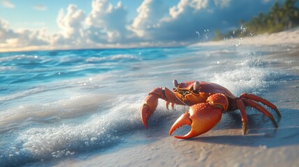 Vibrant red crab scuttling along a sandy beach with waves and tropical palm trees in the background