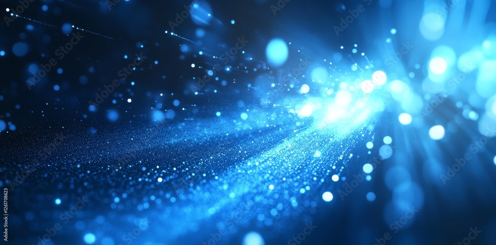 Wall mural abstract futuristic background with blue glowing lights and a blurred data center or server room in 