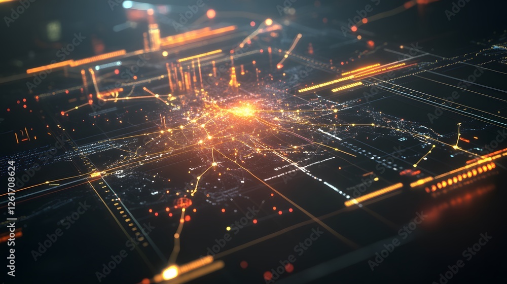 Poster abstract representation of a futuristic digital network with glowing connections