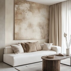 Modern Minimalist Living Room with Neutral Tones and Cozy Furnishings in Natural Lighting