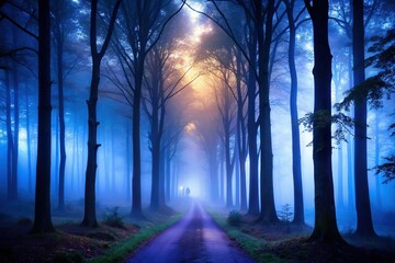 Naklejka premium Dark Misty Forest Silhouette: Eerie Woodland Scene at Dusk