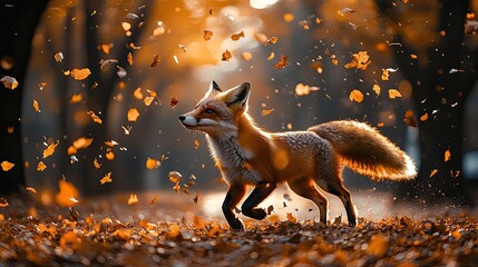 A vibrant fox joyfully running through a forest covered in autumn leaves, capturing the essence of nature