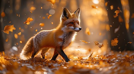 A majestic fox walking through a forest filled with vibrant autumn leaves, sunlight filtering through trees