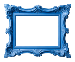 Ornate blue picture frame with empty center, victorian style design concept