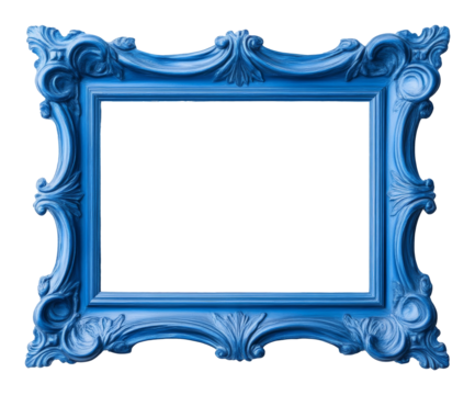 Ornate blue picture frame with empty center, victorian style design concept