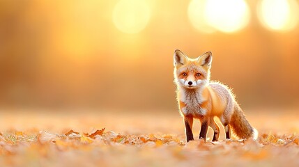 A majestic red fox stands gracefully among autumn leaves in a sunlit forest clearing