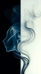 Surreal digital art of a human face silhouette merging with swirling smoke, blending abstraction and minimalism.