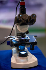 Close-up of a medical laboratory microscope