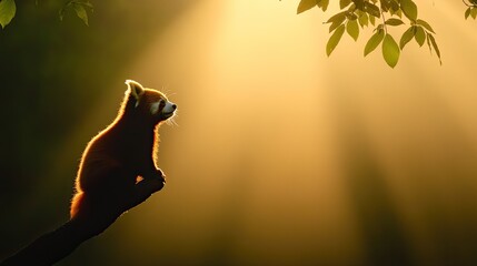 A serene red panda perched on a branch, basking in golden sunlight with soft rays illuminating the forest