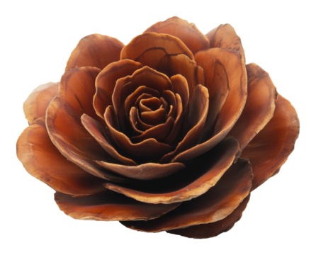 close-up of a brown pine cone shaped like a rose on a white background, nature and art concept