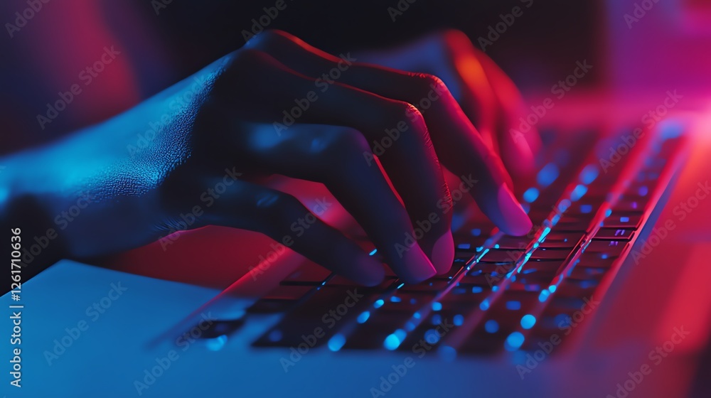 Poster hands typing on a laptop keyboard illuminated by colorful lights in a dimly lit environment