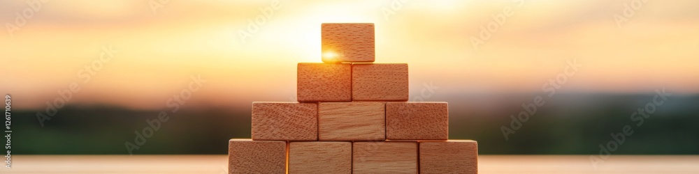 Poster strategic pyramid display wooden blocks on desk surface for leadership and structure - professional 