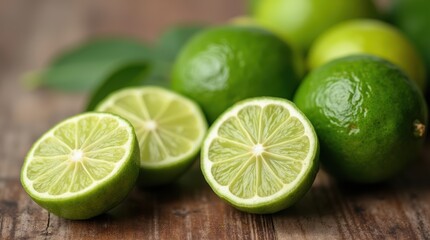 Fresh and Juicy Green Limes on Rustic Wood with Slices Highlighting Their Zesty Interior