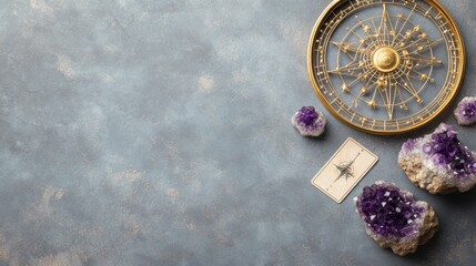 Mystical Zodiac Gift Display Celestial Branding with Amethyst Crystals and Elegant Tarot Cards - High-Resolution Trend Setting for E-Commerce and Astrological Merchandise