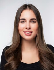 Fototapeta premium 白く整った美しい歯並びの女性の顔のクローズアップ。白い背景。AIで生成 