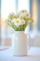 Fototapeta premium Minimalist Floral Centerpiece Ceramic White Jug with Daisies and Wildflowers - Contemporary Dining Decor and Event Styling for Modern Gatherings