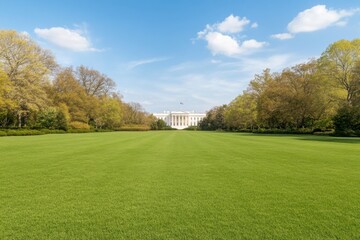 Obraz premium Symmetrical Civic Architecture Iconic Building with Manicured Lawn and Pathways - Government Heritage Visuals and Institutional Branding in Architecture Content