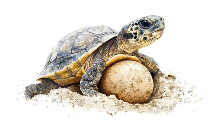 Fototapeta premium A beautiful tortoise rests on its egg, symbolizing nature's life cycle and the importance of wildlife conservation in a serene environment.