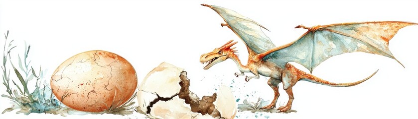Fototapeta premium A beautifully illustrated dragon hatching from its egg, showcasing a blend of fantasy and nature in vibrant colors, perfect for creative projects.