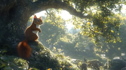 A curious squirrel perched on a mossy log in a sunlit forest, surrounded by lush greenery and wildlife