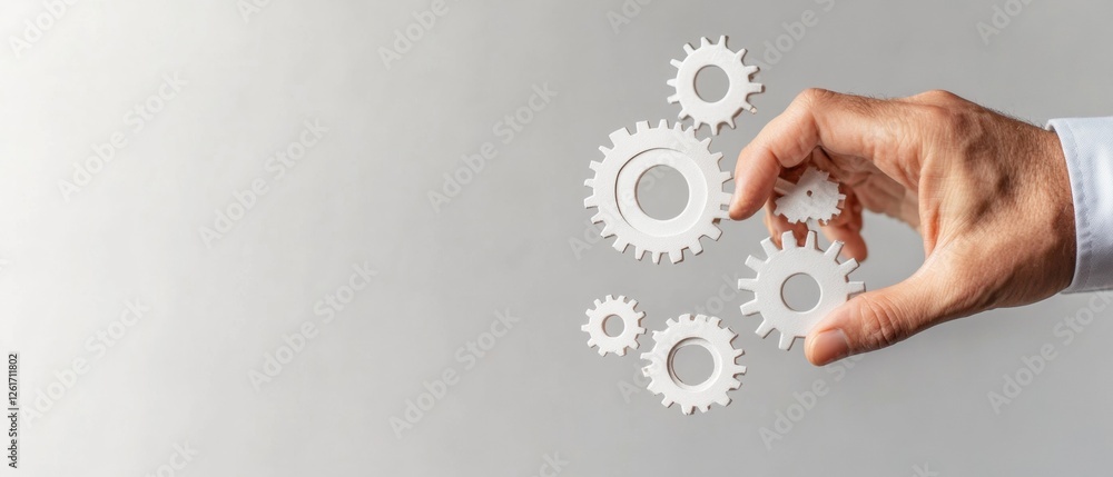 Poster Minimalist Business Visualization Hand Gesturing Floating Gears on Gray Background - Corporate Efficiency and Operational Process Content for Professional Innovation