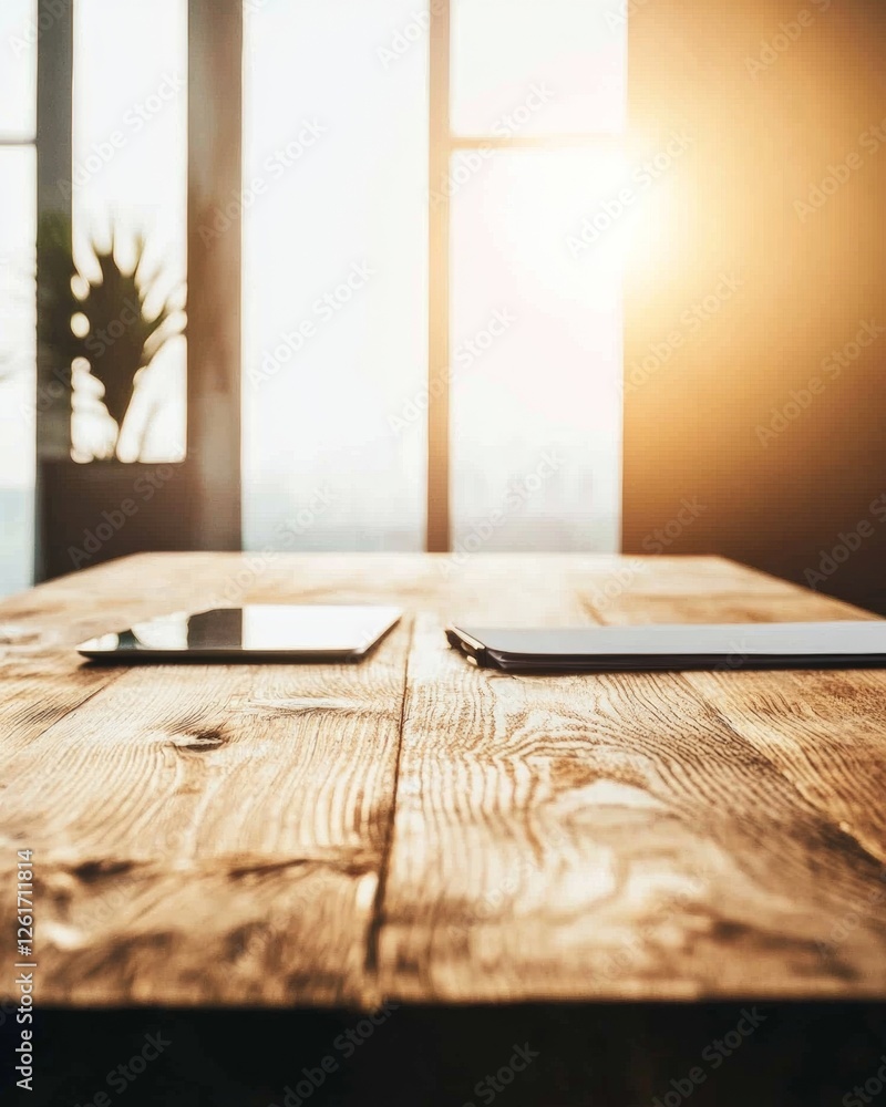 Aufkleber Sunlit Minimalist Workspace Natural Wooden Table with Digital Devices - Enhancing Collaborative Efficiency in Modern Business Environments
