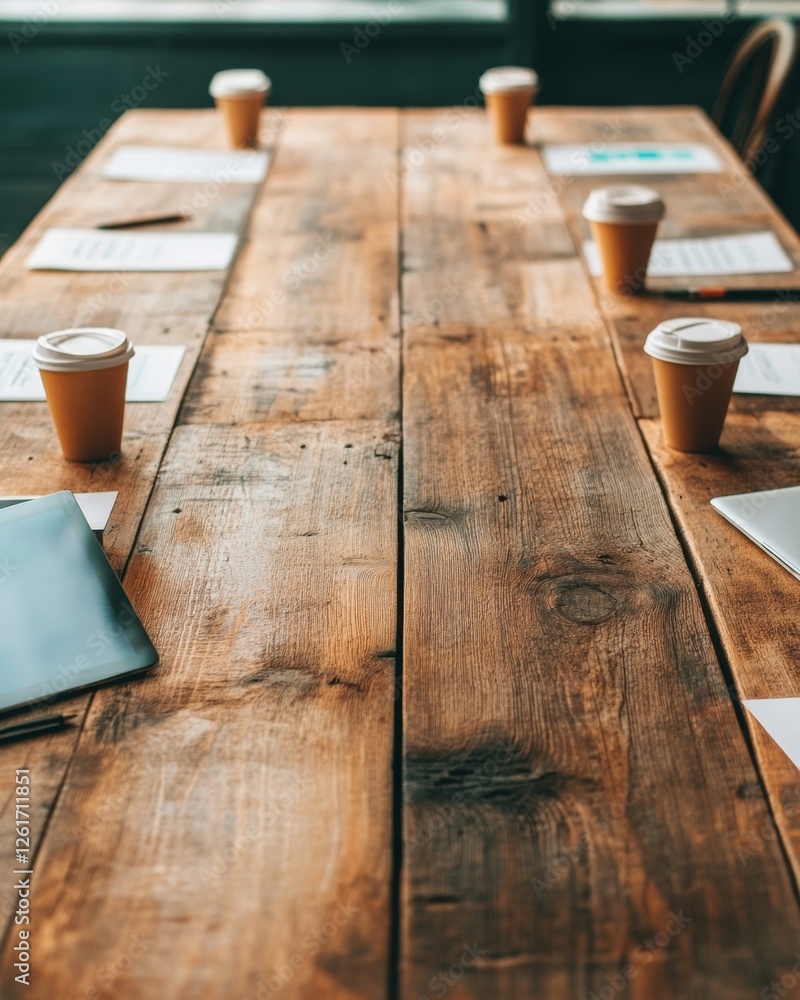 Poster rustic workspace harmony collaborative business meeting with digital devices and documents on wooden