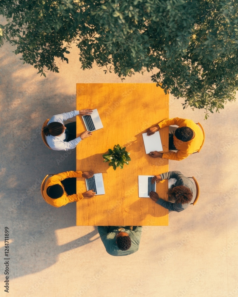 Aufkleber Modern Workspace Synergy Aerial View of Diverse Team at Wooden Conference Table with Laptops and Greenery - Corporate Collaboration and Innovative Business Solutions