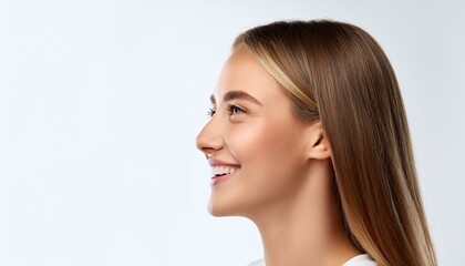 Fototapeta premium 白く整った美しい歯並びの白人女性の顔のクローズアップ。白い背景。AIで生成 